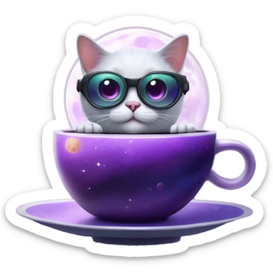 Cute purple hoverpetcat in a space ship in the moon with a cup of coffe on cool glasses sticker