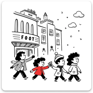 A group of school children walking to a movie theater in winter, inspired by Paddington Bear sticker
