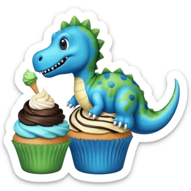 A cupcake having blue and black icing and a dinosaur as a decoration and ice cream next to it sticker