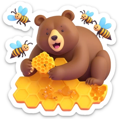 bear eating honeycomb with bees flying around sticker