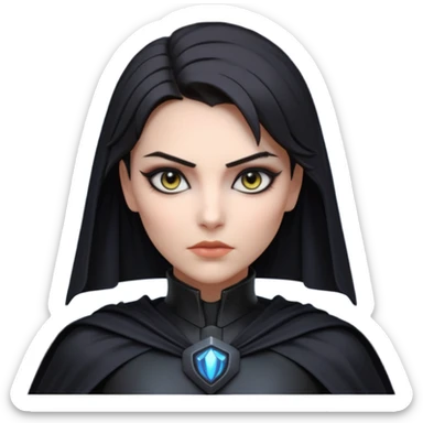 dark sci-fi villain female portrait, head and shoulders only, black armor, cape collar, intense eyes, sharp confident expression, subtle futuristic makeup, dramatic lighting, 3D cartoon, mobile game icon style, clean background, no text, no watermark
 sticker