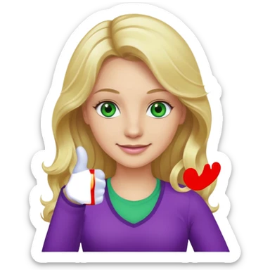 lady with long wavy blonde hair, purple top, green eyes, thumbs up sticker