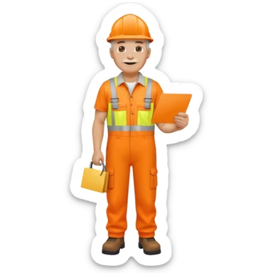 older engineer hi-vis orange overalls full body holding a card sticker