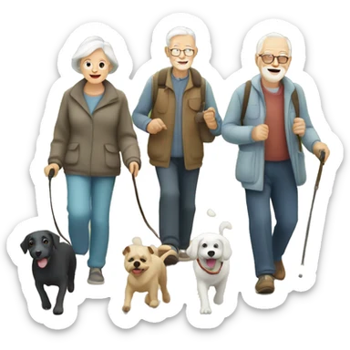 group of elderly people walking their dogs in the countryside sticker