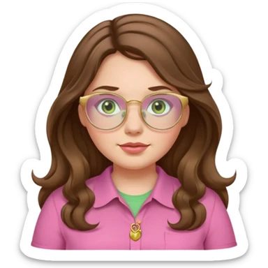 Girl girl long wavy brown hair with middle part, pale green eyes, plus size, pink shirt, gold rimmed glasses sticker