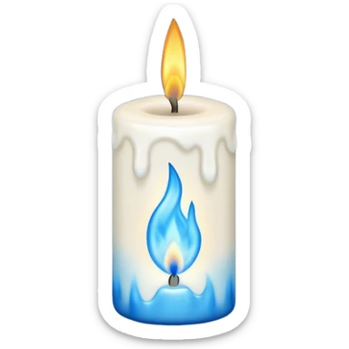 white candle with a blue flame sticker