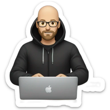 bald white man with glasses and a black beard typing on apple computer wearing a black hoodie sticker