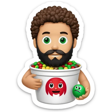 KFC bucket with a green M&M character sitting inside it, the M&M has a black beard, curly hair, and is holding an iPhone sticker