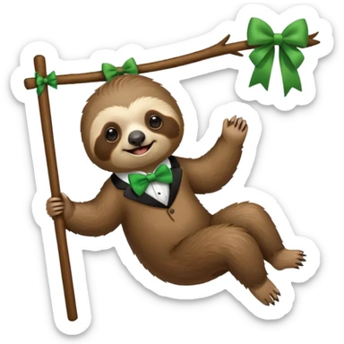 cute swinging Sloth on stick, green bow tie sticker