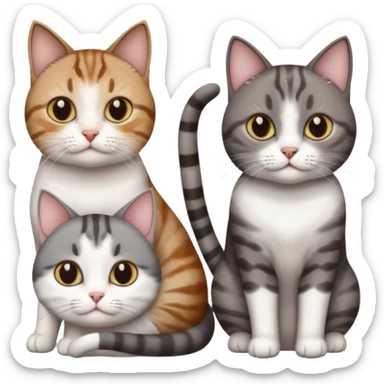 4 different coloured short haired cats including; a dark brown tabby and white cat, and a dark grey and white  sticker