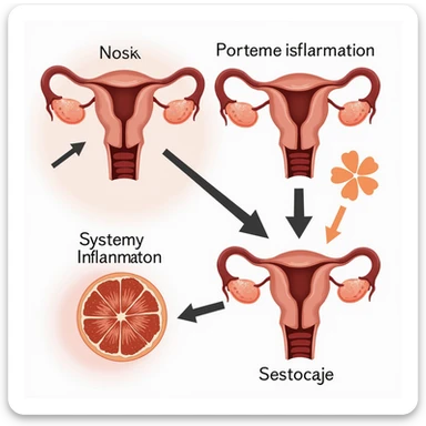 realistic medical diagram showing connection between endometrial inflammation and systemic inflammation, arrows, symbols, warm colors, educational style, white background sticker