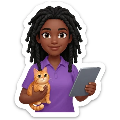 Émoji représentant une femme peau marron avec des longues nattes noires, une chemise violette, tenant un chat orange dans une main et une tablette dans l'autre sticker