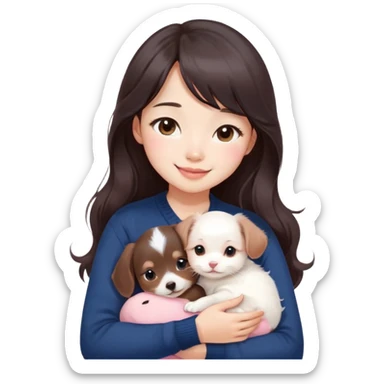 Cute asain girl with a cute smile, long dark brown wavy hair, straight bangs covering forehead, pink blushy cheeks. Wearing a cute navy blue cardigan,. Cuddling a white kitten and dashund puppy  sticker