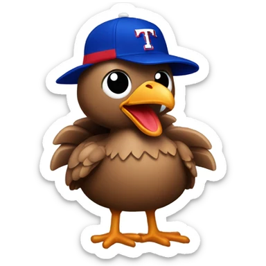 Turkey wearing a Texas Rangers jersey and hat sticker
