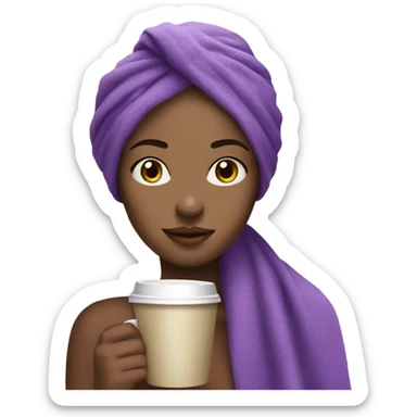 beautiful girl with a purple towel on her head drinks coffee sticker
