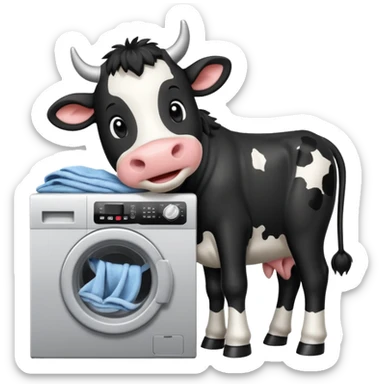 cartoon Friesian cow loading laundry into a washing machine sticker