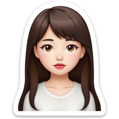 “japanese style Emoji brunette girl long hair with side bangs white top, dewy skin, heavy blush across cheeks and nose bridge, glossy cherry lips, soft eyeliner, teary sparkling eyes sticker