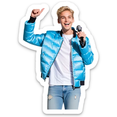 Pixel art style, expressive male performer, Caucasian features, short sandy blonde hair, lively eyes, wide cheerful smile, wearing a sky blue jacket over white tee, tossing a microphone in one hand, waist-up, front-facing sticker