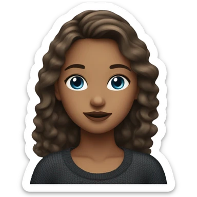 girl with latina makeup, long brown hair with surfer waves, blue eyes, wearing a black sweater. sticker