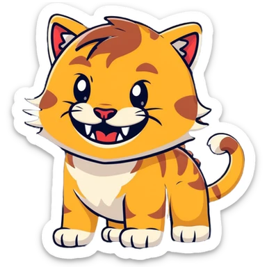saber-toothed cat with ridiculously oversized canine teeth that are extremely long, extending far below its body, comically massive fangs sticker