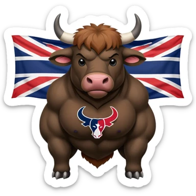 Houston texans black bull, wearing a texans jersey, with a union jack flag behing sticker