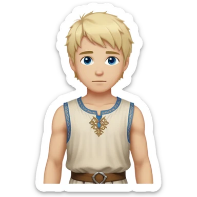 medieval summer outfit worn by a DnD themed fantasy character. basic lightweight sleeveless tunic with a decorative trim along the edges. clothes only above the waist. The clothes full waist. The character's haven't arms. character is blonde hair, blue eyes, short messy hair, white-skinned man. sticker