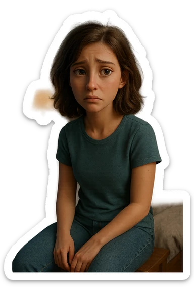 Modello 3D di personaggio femminile in stile Pixar/Blender, anatomia realistica e proporzionata, espressione facciale malinconica ma espressiva, rig per animazioni emotive, texturing skin realistico ma stilizzato, capelli con physics dinamici, vestiti casual modellati con cloth simulation, illuminazione soft e cinematografica, ambiente camera da letto 3D dettagliato, rendering Cycles con subsurface scattering per pelle naturale sticker