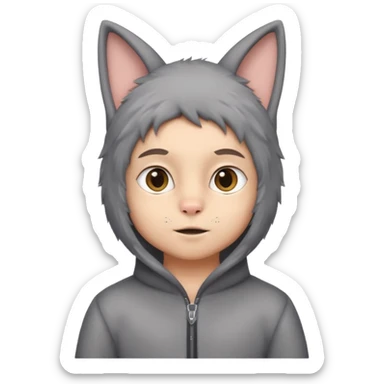 Boy kid in gray cat suit with tail and ears sticker