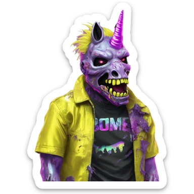 .Zombie_ Vaporwave black holographic oilslick zombie unicorn yellow caution tape sticker