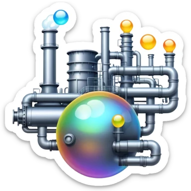 An emoji of a factory, but instead of smoke, creative ideas are coming out as glowing bubbles. sticker