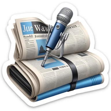 An icon featuring a microphone, a newspaper, and a camera, representing journalism and mass media. The design includes soundwaves and headlines, symbolizing the spread of information and news. Transparent background highlights the power of communication and media. sticker