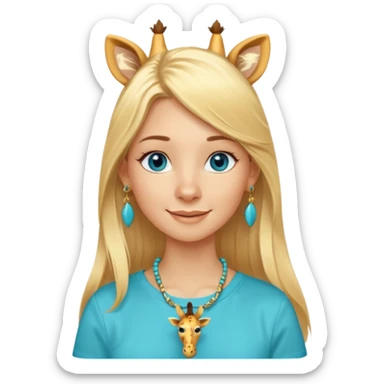 Swedish girl blonde long straigt hair blue eyes turqoise shirt gold earings girrafe necklace gold small long lashes smiling closed mouth sticker