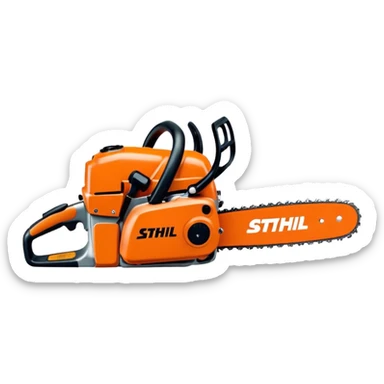 Kettensäge vom STIHL mit grauem Gehäuse, orangenem Deckel und schwarzen Griffen, die Schiene ist Grau mit Kette, seitlich ist das STIHL Logo in weißer Schrift in einem orangenem Kreis platziert sticker