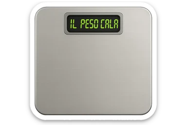 bilancia PESAPERSONE vista dall'alto con la scritta "IL PESO CALA" SUL DISPLAY, IPERREALISTA 4K sticker