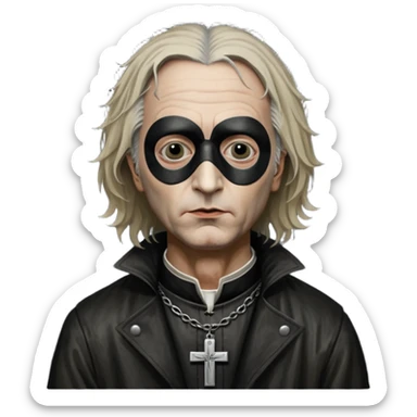 cinematic ultra HD portrait of Joel-Peter Witkin,  he wears a small black mask, a small crucifix is ​​sewn onto the black mask between the eyes of the portrait, he wears a worn leather coat and very disheveled hair sticker