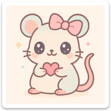 a coquette rat, holding a tiny heart, with big eyes and a ribbon, kawaii style sticker