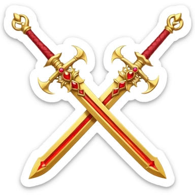Two crossed swords that are golden in blade and handle and have fiery and royal appearence to them as well as red gem stones yellow in color sticker