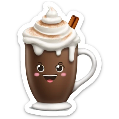 Decorated Christmas mug of hot chocolate with whipped cream and cinnamon sticker