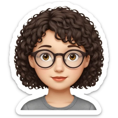 Koyu renk, dağınık kıvırcık saçlı, kısa kahküllü, yuvarlak gözlüklü ve büyük kahverengi gözlü bir genç kadının yüzünü gösteren emoji tarzı illüstrasyon. Hafif bir gülümseme veya tatlı bir sırıtış ifadesi var. Cilt tonu açık. sticker