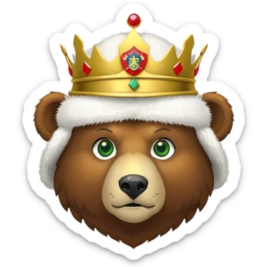 Brown bear head only with green eyes, white furry ushanka hat with accurate Russian Federation emblem featuring golden eagle, three crowns, scepter, orb, and red shield with St. George, iOS emoji style sticker
