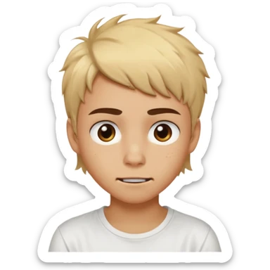 caramel skin color. Teen age. Short buzz, messy blonde hair, dark brown bushy eyebrows large expressive golden-brown eyes, brown skin color, scar over nose, wearing a plain white t-shirt. Awkward smirk with visible teeth. sticker
