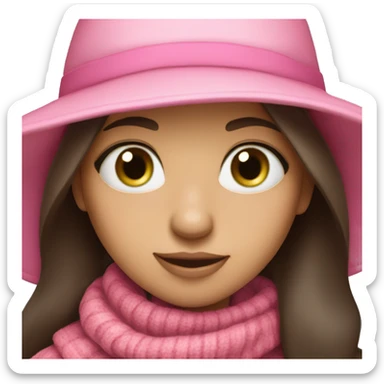 A girl with green eyes and long dark brown hair wearing a pink hat with pop mom and scarf sticker
