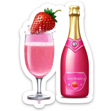 Realistic sparkling diamond glam hot pink champagne bottle with hot pink champagne in glass with strawberry ì> sticker