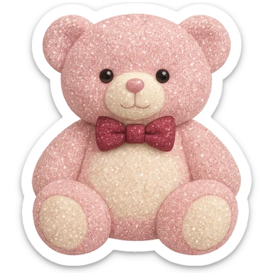 Add a touch of glitter to the teddy bear and its bow tie, keeping the pink and white fur, flat lighting, no shadows or background, soft plush look, maintain transparency. The style should reflect a soft plush teddy bear with pink and white fur and a glittery bow tie, with flat lighting and no shadows or background. sticker