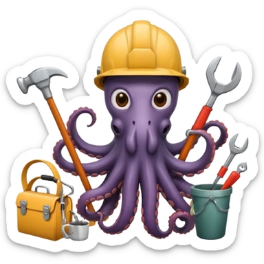 A tired worker wearing a helmet, depicted as an octopus with multiple tentacles holding various tools and items, including a hammer, a checklist with tasks, a wrench, a saw, and a coffee cup sticker