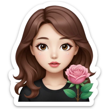 “korean brown hair Emoji girl, soft eyeliner, gradient rose lips, light brown shimmer eyeshadow, sparkly aegyo-sal, long wavy hair,  sticker