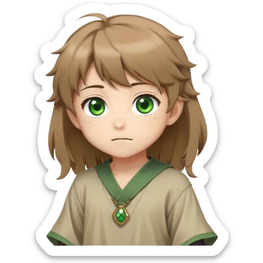 Young Rudeus Greyrat chibi, big green eyes, round face, messy light brown hair, wearing a tunic, cute and curious anime style sticker