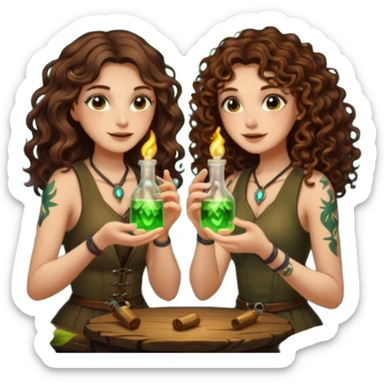 two forest alchemist women one long wavy brown hair tattoos one short tight curly brown hair clinking glowing vials sticker