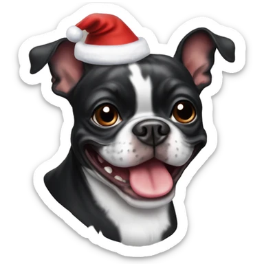 black and brindle boston terrier smiling wearing santa hat sticker