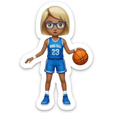 Full Body Girl with basketball real short brown hair with blond highlights wearing blue glasses with green eyes sticker